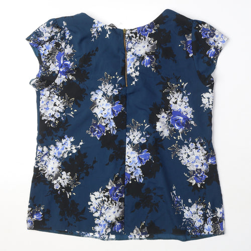 Dunnes Stores Womens Blue Floral Polyester Basic Blouse Size 18 Scoop Neck