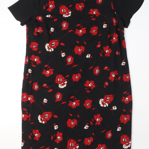 BHS Womens Black Floral Polyester Shift Size 14 Round Neck Button
