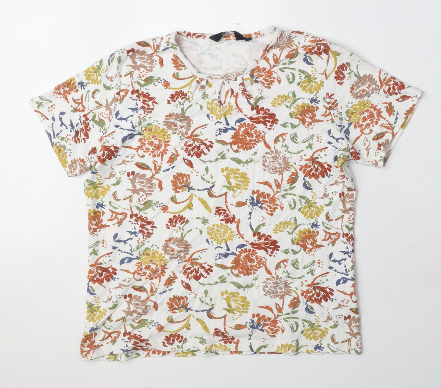 EWM Womens Multicoloured Floral 100% Cotton Basic T-Shirt Size M Round Neck - Cut Out Detail