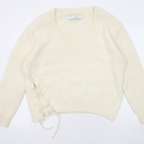 IRO Womens Ivory V-Neck Alpaca Pullover Jumper Size 18 - Lace Up Detail
