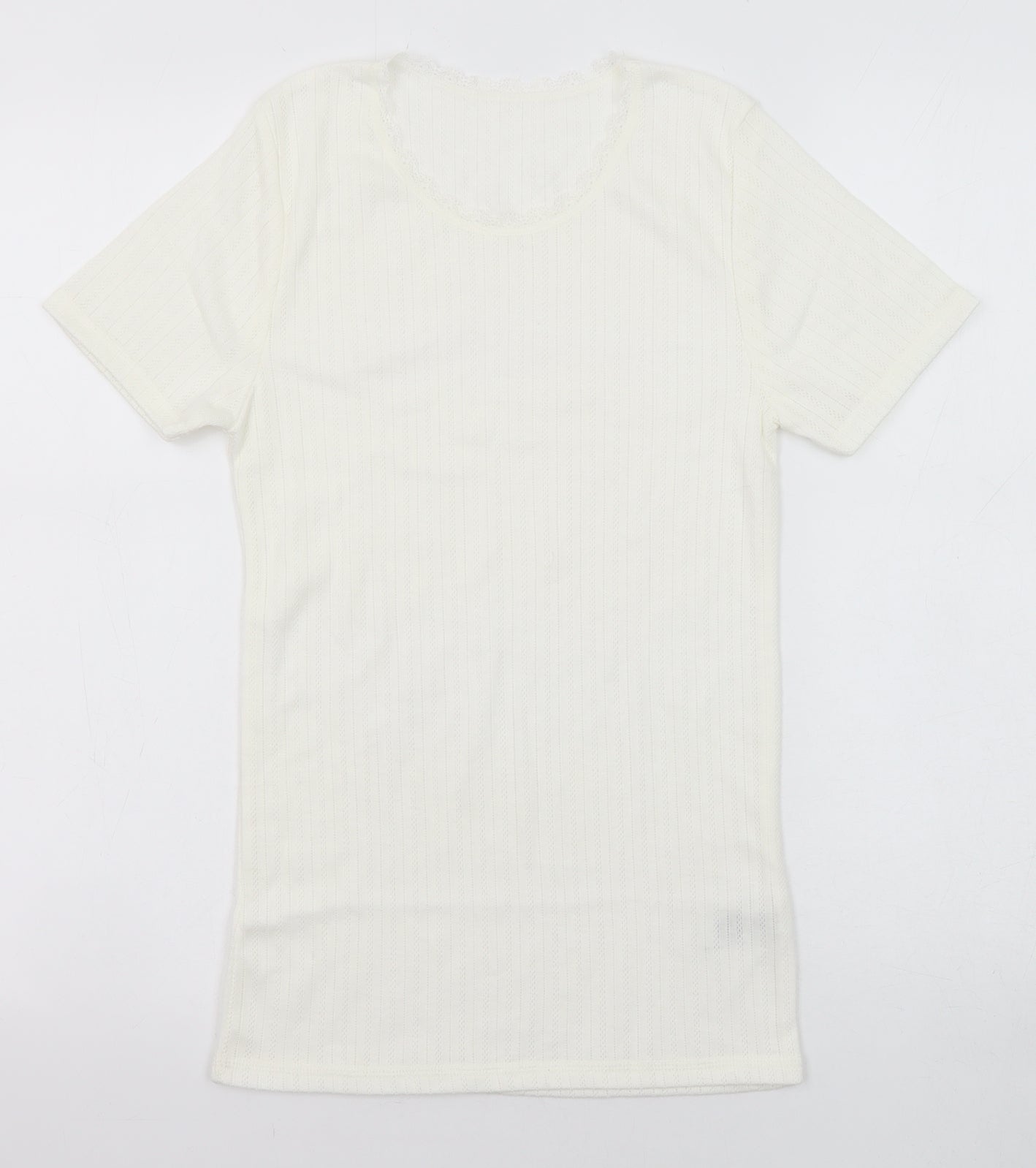 Marks and Spencer Womens White Geometric Polyester Basic T-Shirt Size 12 Round Neck - Lace Trim