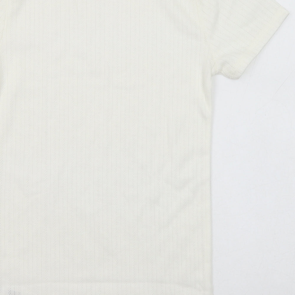 Marks and Spencer Womens White Geometric Polyester Basic T-Shirt Size 12 Round Neck - Lace Trim