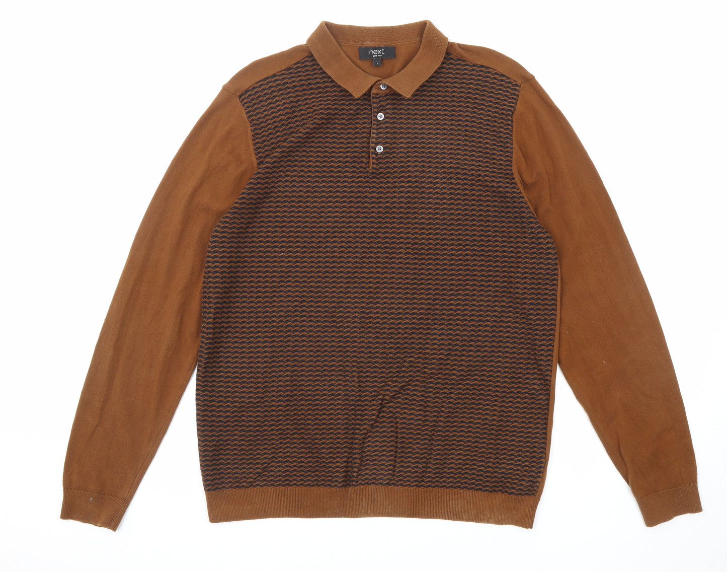 NEXT Mens Brown Collared Cotton Pullover Jumper Size L Long Sleeve