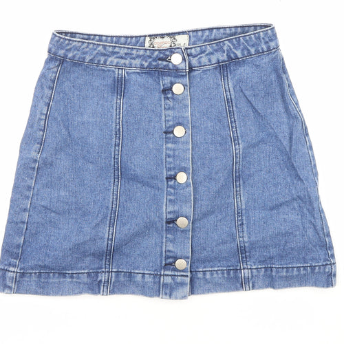 Boohoo Womens Blue Cotton A-Line Skirt Size 8 Button