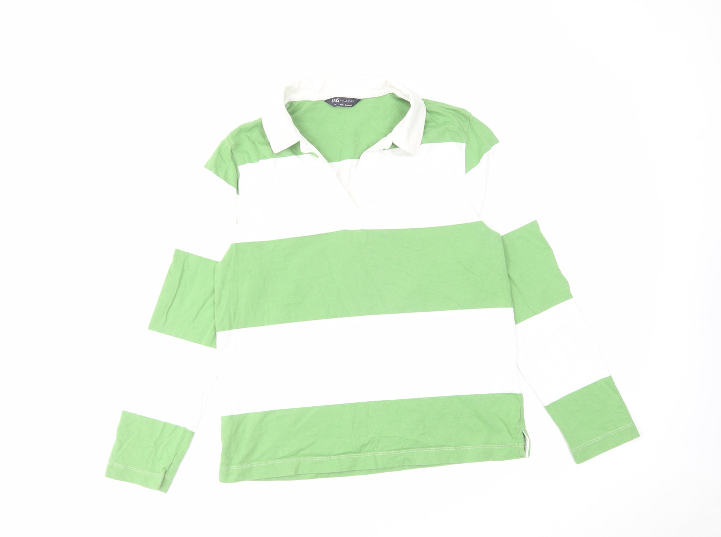 Marks and Spencer Womens Green Striped Cotton Basic Polo Size 10 Collared