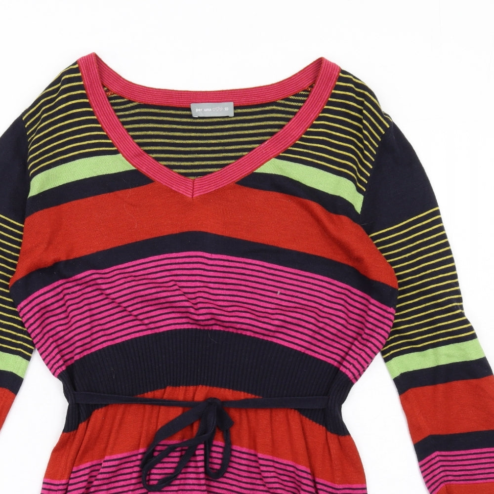 Per Una Womens Multicoloured Striped Viscose A-Line Size 10 V-Neck Pullover