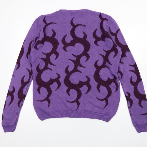 Boohoo Mens Purple Round Neck Geometric Acrylic Pullover Jumper Size S Long Sleeve