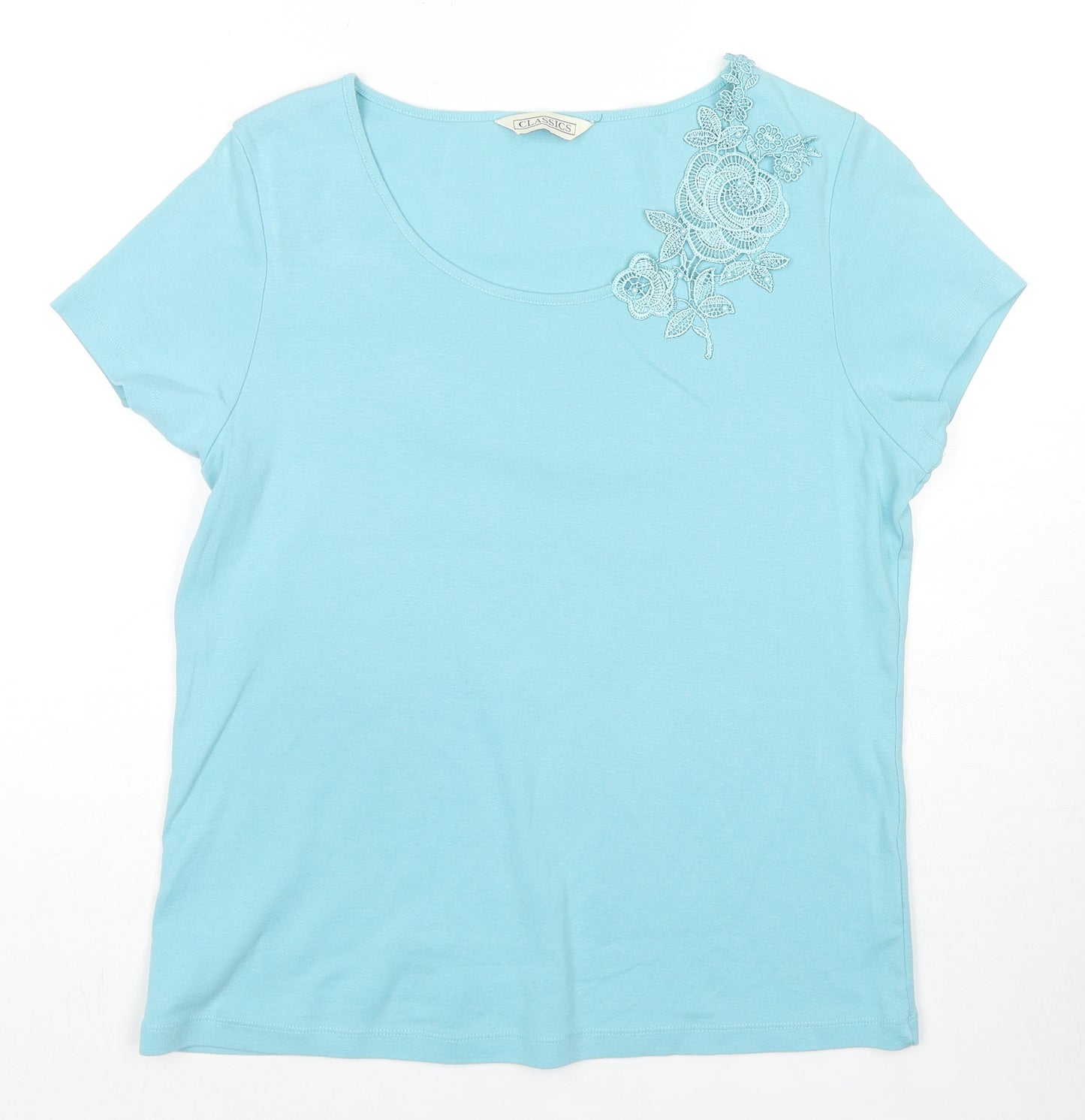 Classics Womens Blue Cotton Basic T-Shirt Size 16 Scoop Neck - Floral Lace Detail