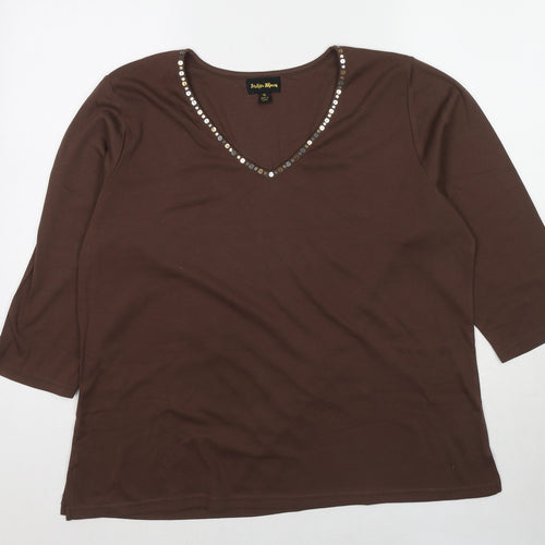 Indigo Moon Womens Brown Cotton Basic T-Shirt Size XL V-Neck - Sequin