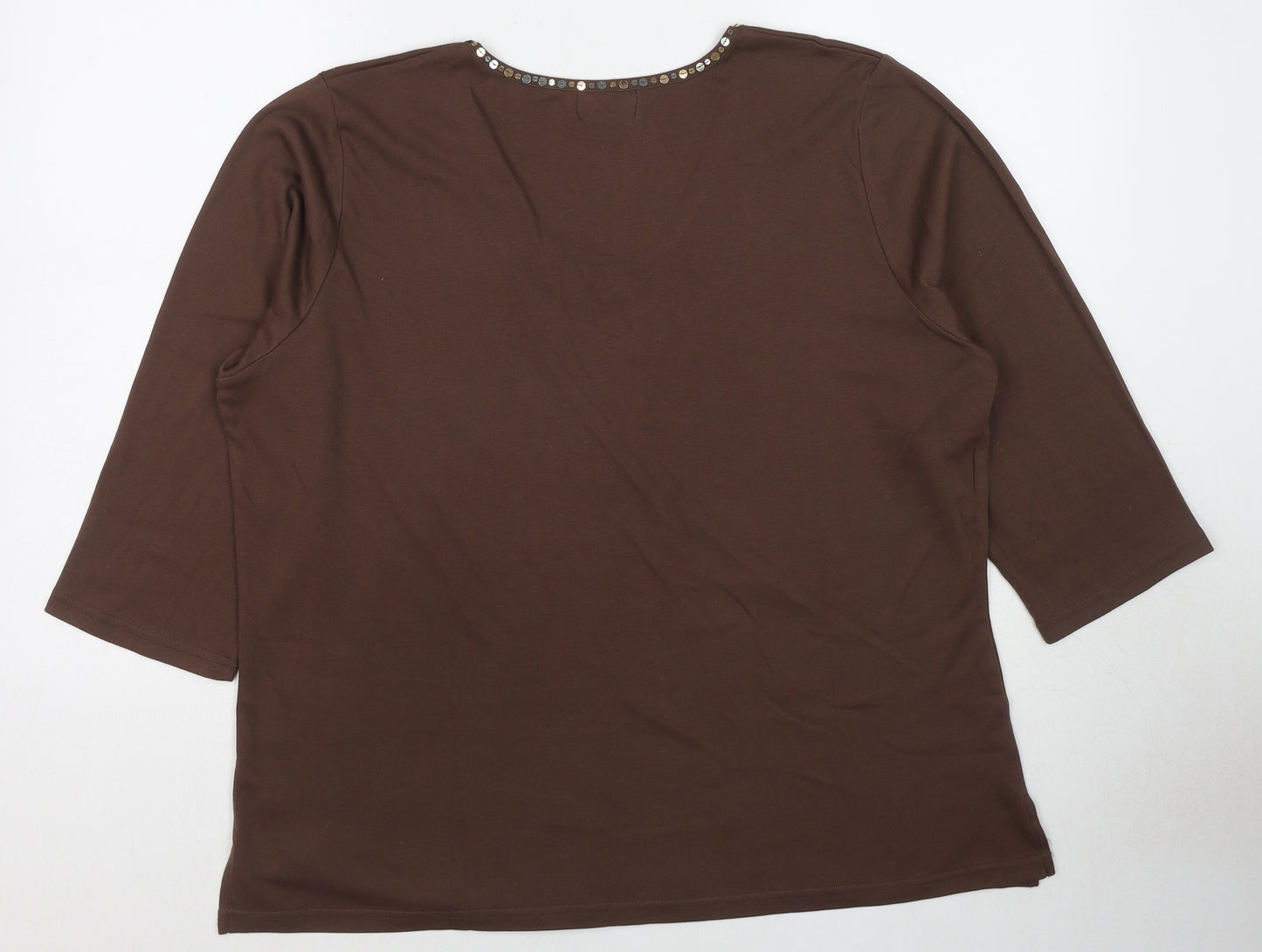 Indigo Moon Womens Brown Cotton Basic T-Shirt Size XL V-Neck - Sequin