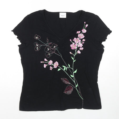 NEXT Womens Black Viscose Basic T-Shirt Size 18 V-Neck - Floral Embroidery
