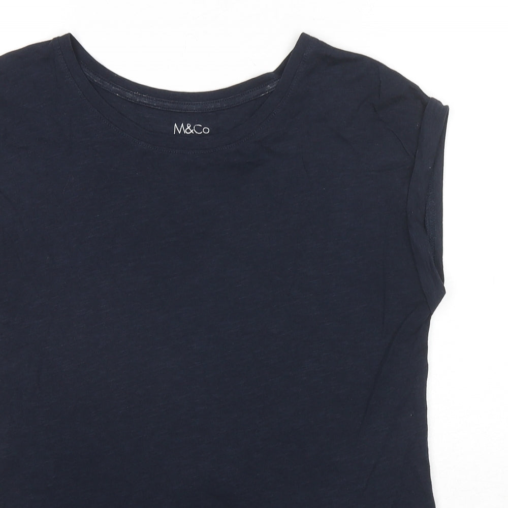 M&Co Womens Blue Cotton Basic T-Shirt Size 8 Round Neck