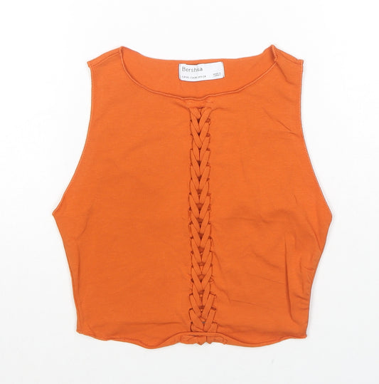 Bershka Womens Orange Cotton Cropped Tank Size XS Round Neck - Lace Up Detail