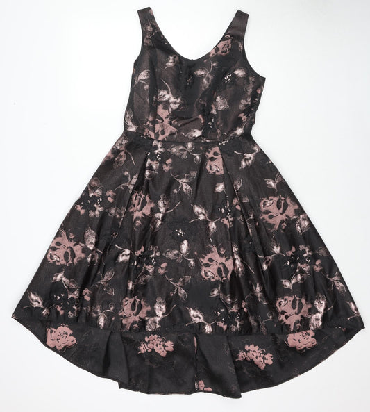 Luxe Womens Black Geometric Polyester Skater Dress Size 12 V-Neck Zip