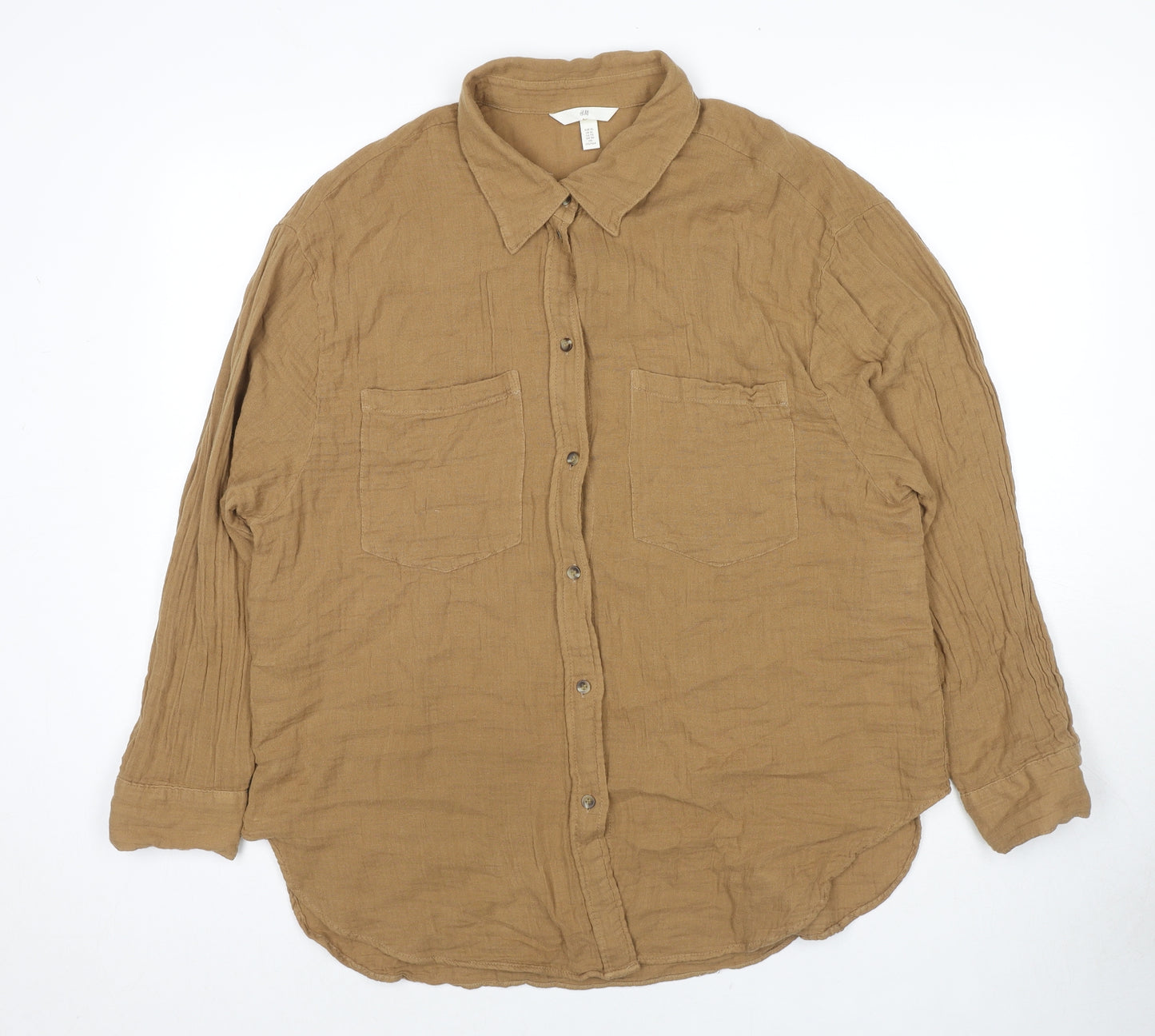 H&M Womens Brown Cotton Basic Button-Up Size XL Collared - Pockets
