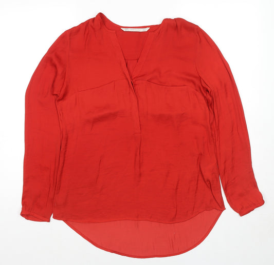 Zara Womens Red Polyester Basic Blouse Size M V-Neck - Pockets