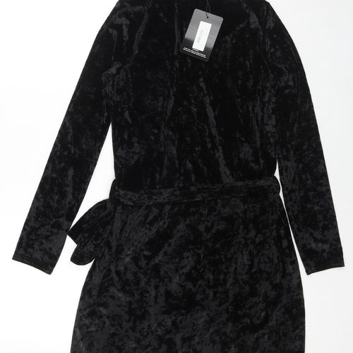 PRETTYLITTLETHING Womens Black Geometric Polyester Wrap Dress Size 6 V-Neck Button