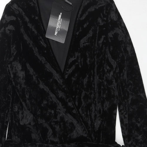 PRETTYLITTLETHING Womens Black Geometric Polyester Wrap Dress Size 6 V-Neck Button