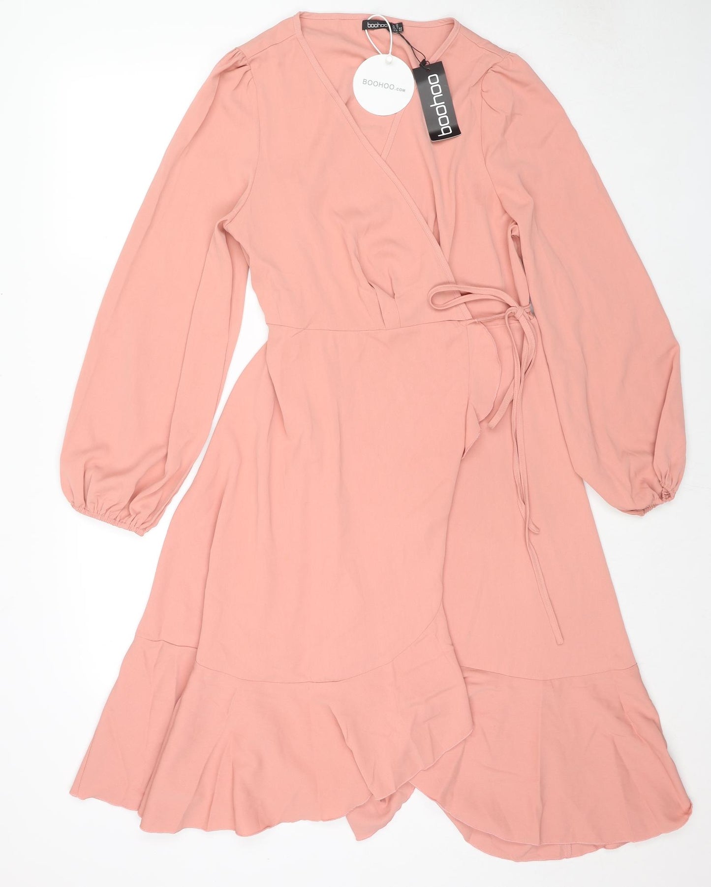 Boohoo Womens Pink Polyester Wrap Dress Size 16 V-Neck Tie