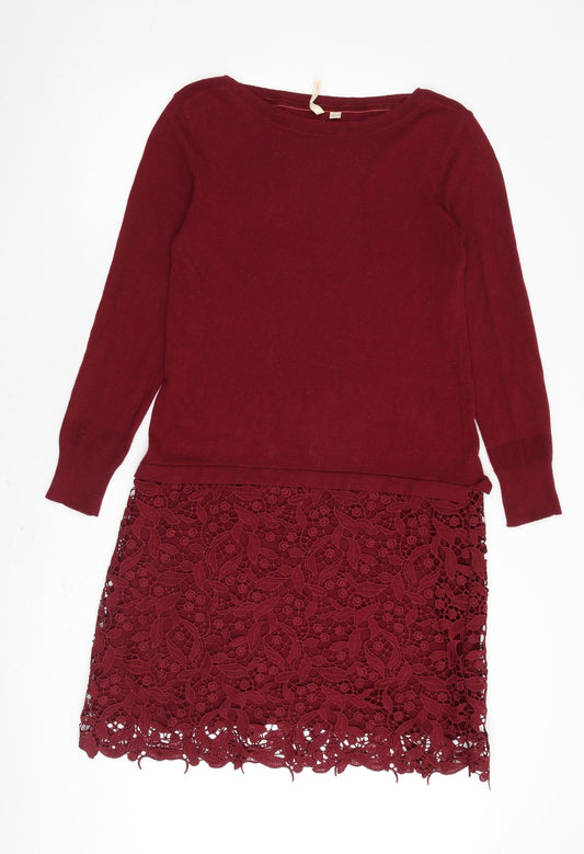 White Stuff Womens Red Viscose Jumper Dress Size 12 Round Neck Pullover - Crochet Detail