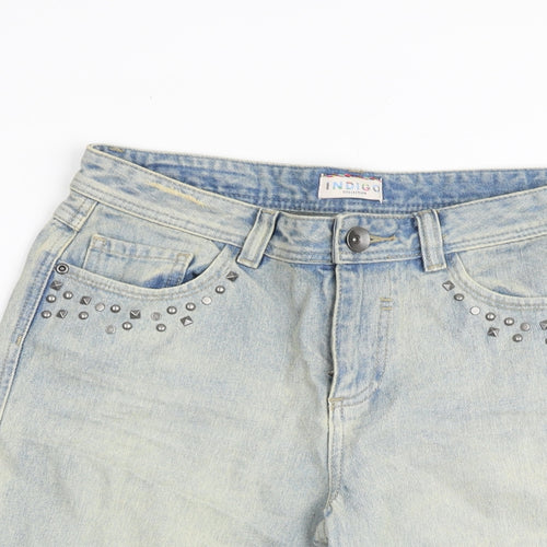 Marks and Spencer Womens Blue 100% Cotton Mom Shorts Size 8 L8 in Regular Zip - Studded