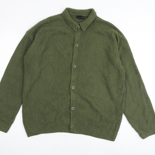 New Look Mens Green Collared Acrylic Cardigan Jumper Size L Long Sleeve