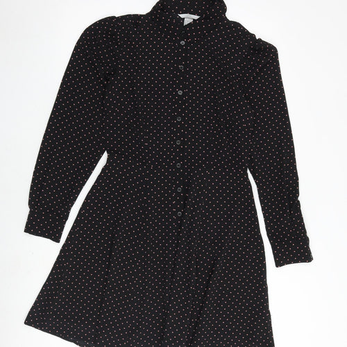 H&M Womens Black Polka Dot Polyester Shirt Dress Size 10 Collared Button
