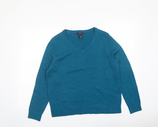 Lands' End Womens Blue V-Neck Cotton Pullover Jumper Size L