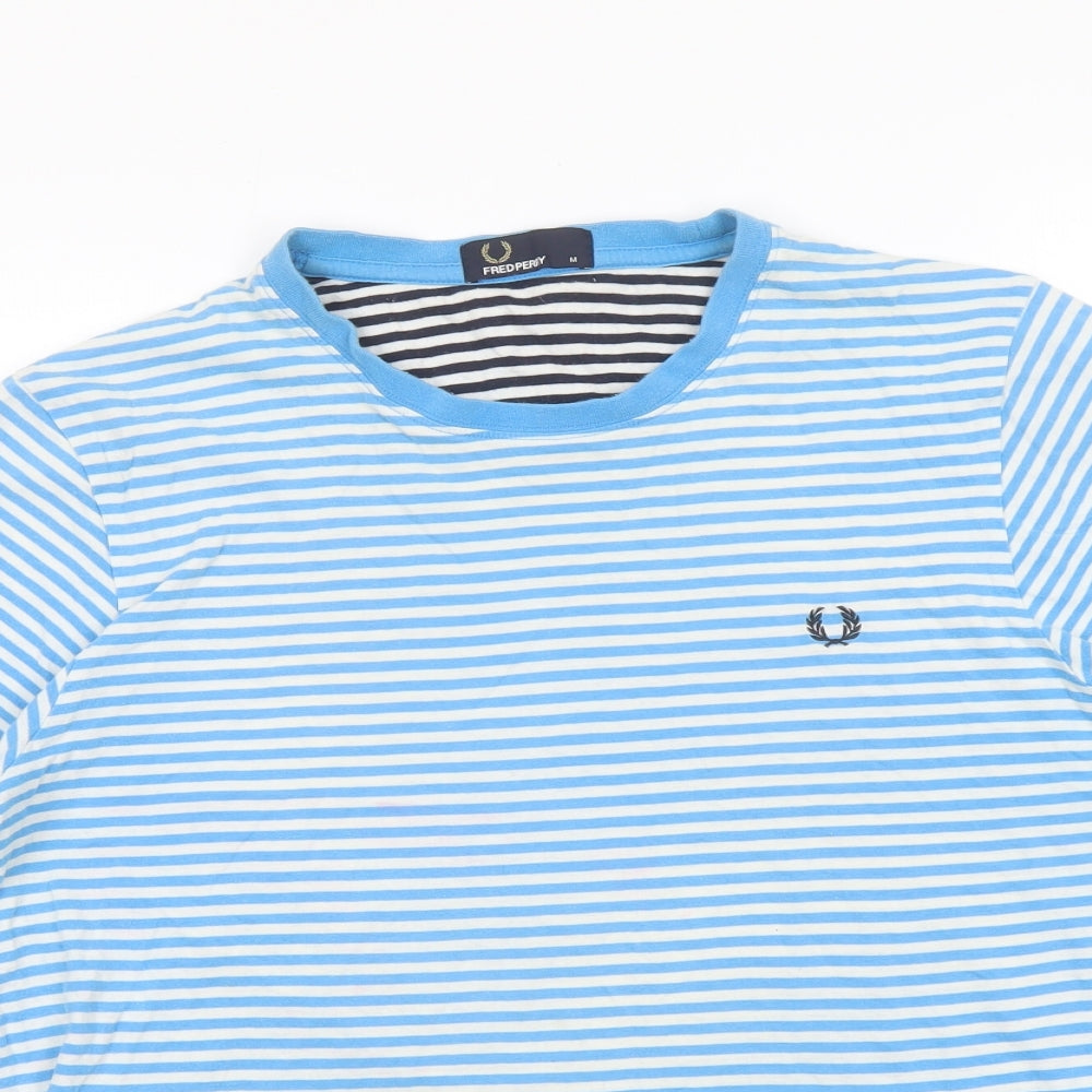 Fred Perry Mens Blue Striped Cotton T-Shirt Size M Round Neck