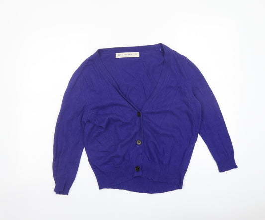 Zara Womens Blue Square Neck Cotton Cardigan Jumper Size M
