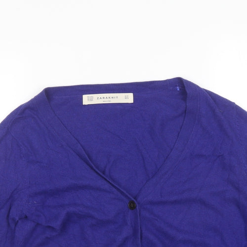 Zara Womens Blue Square Neck Cotton Cardigan Jumper Size M