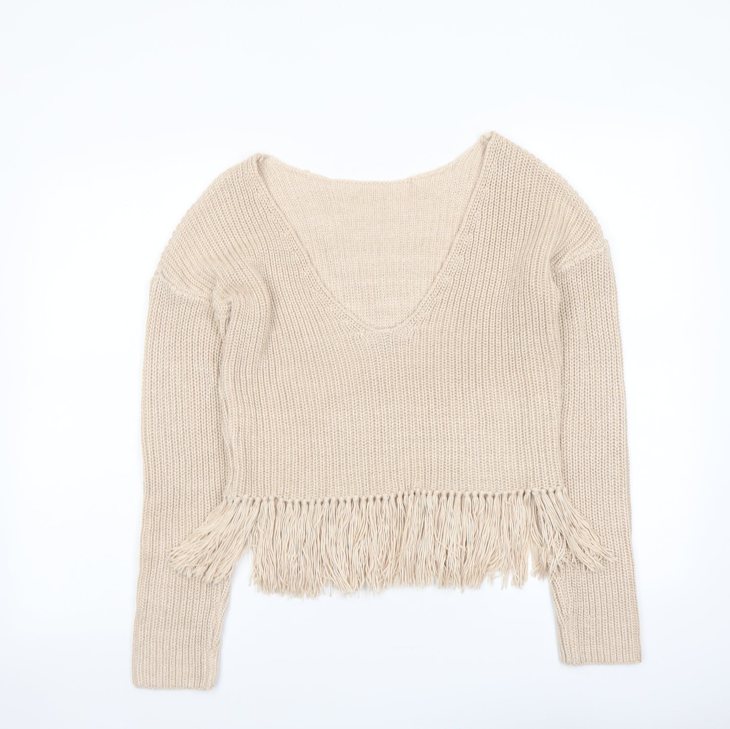 Missguided Womens Beige Boat Neck Acrylic Pullover Jumper Size 6 - Tassels, Low Back