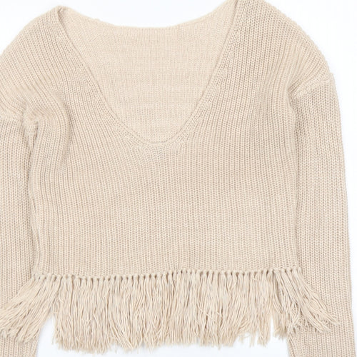 Missguided Womens Beige Boat Neck Acrylic Pullover Jumper Size 6 - Tassels, Low Back