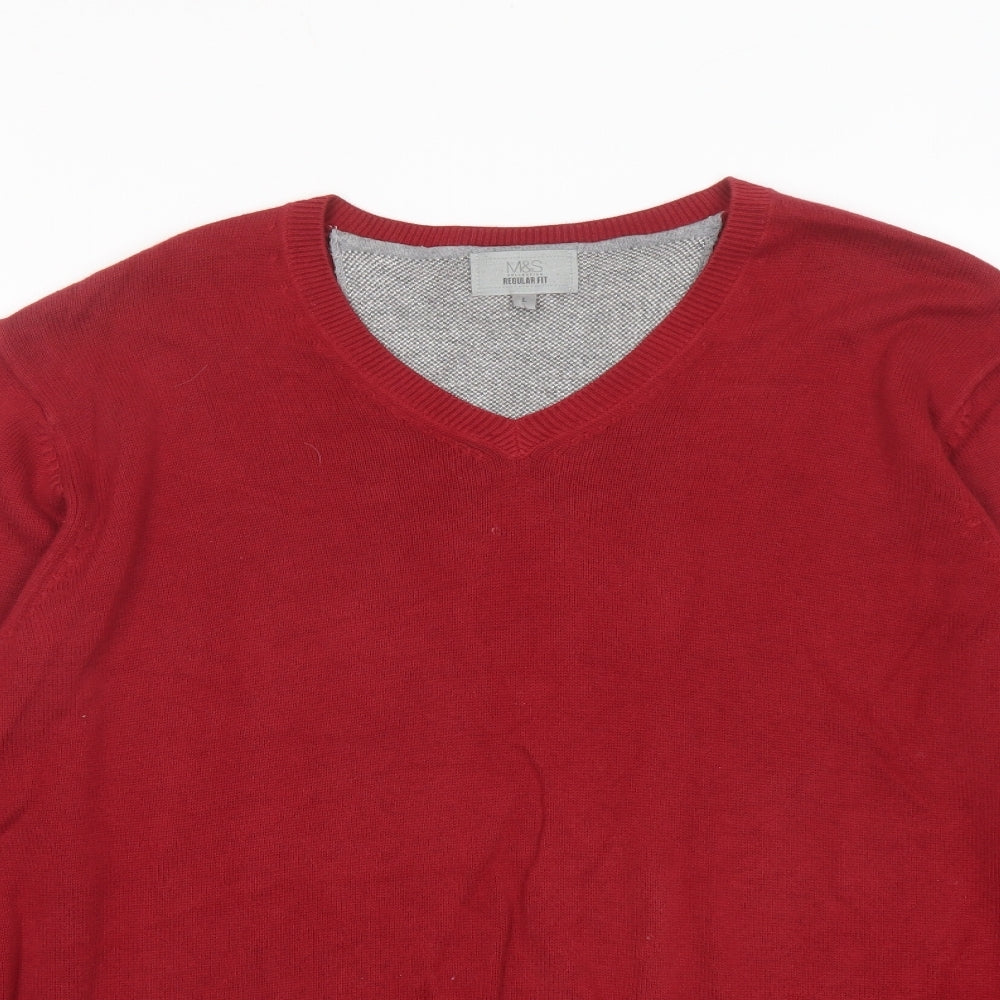 Marks and Spencer Mens Red V-Neck Cotton Pullover Jumper Size L Long Sleeve