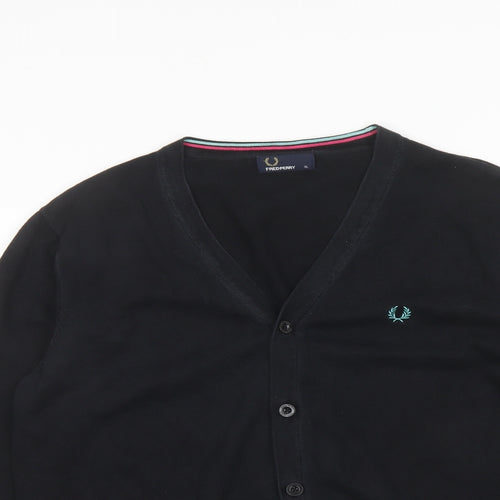 Fred Perry Mens Black V-Neck Cotton Cardigan Jumper Size XL Long Sleeve