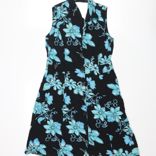 White Stag Womens Black Floral Viscose Tank Dress Size S Collared Button