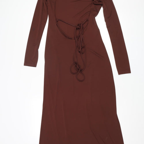 Zara Womens Brown Polyester A-Line Size M Round Neck Tie - Side Slit, Shoulder Pads