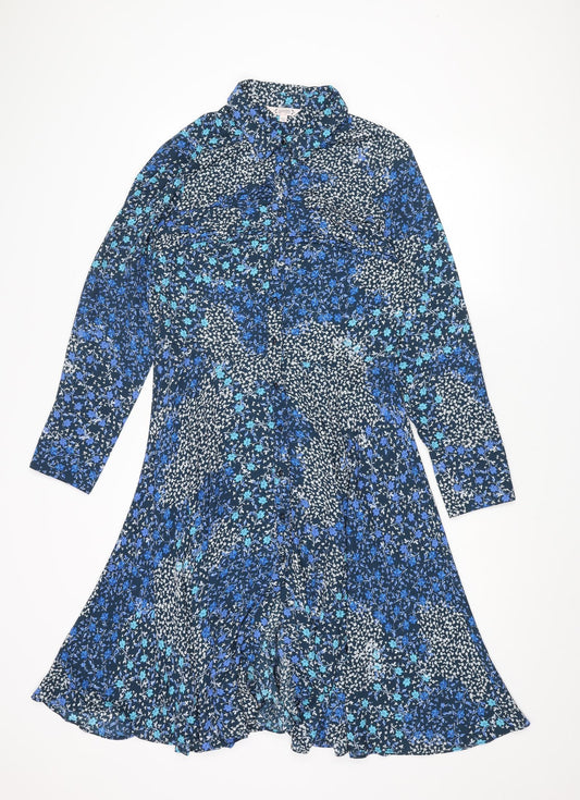 Nanette Lepore Womens Blue Geometric Polyester Shirt Dress Size 10 Collared Button