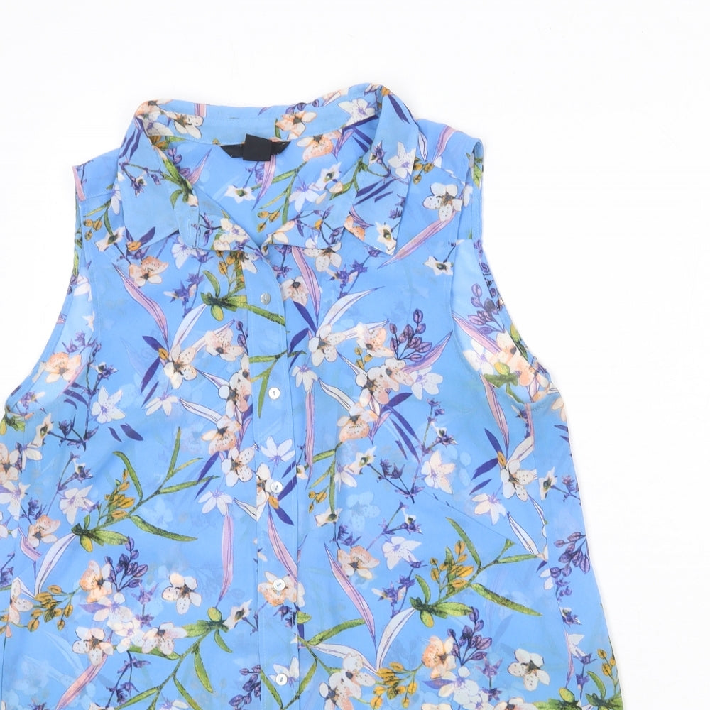 H&M Womens Blue Floral Polyester Basic Blouse Size 10 Collared