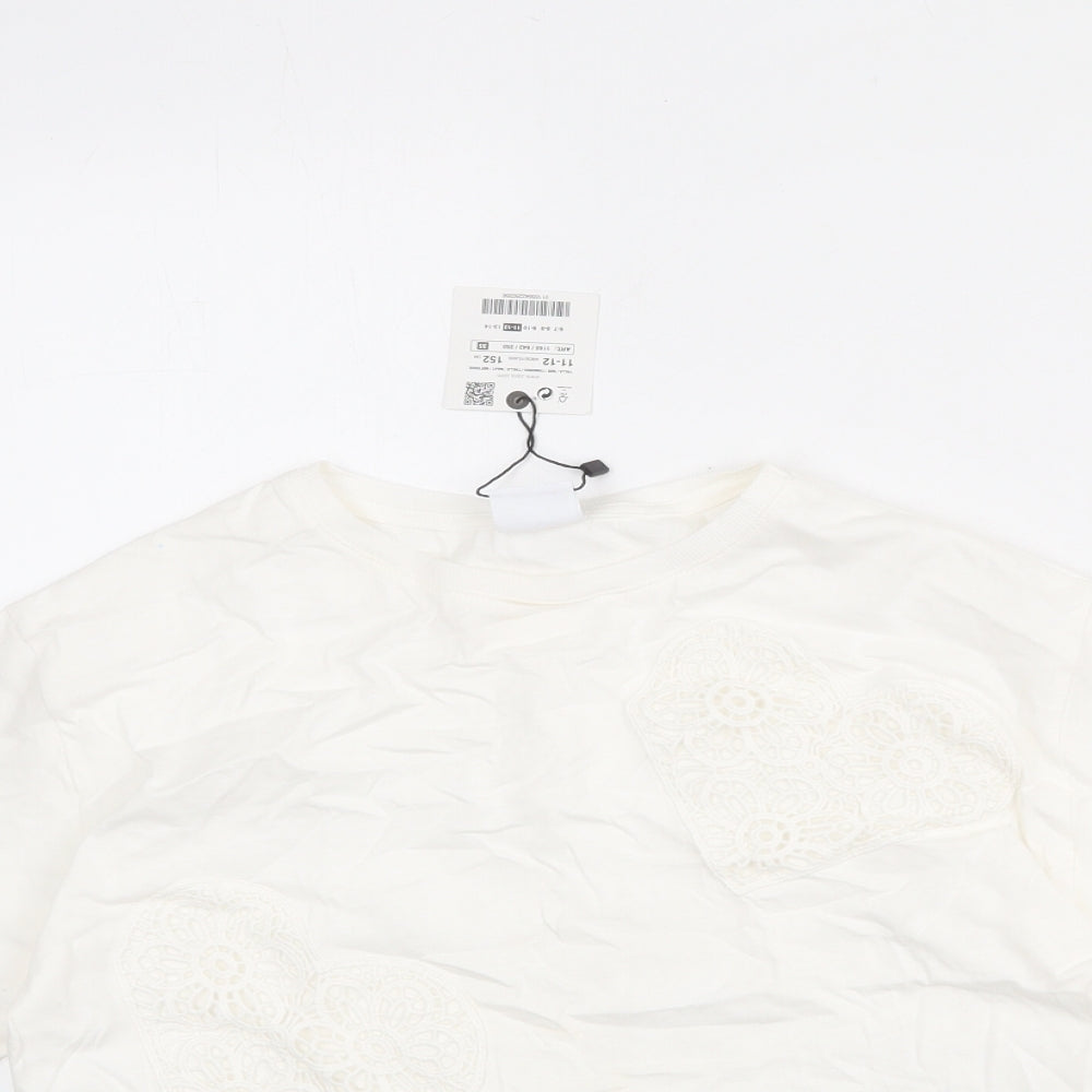 Zara Girls White Polyester Basic T-Shirt Size 11-12 Years Round Neck Pullover