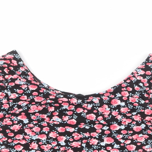 Divided by H&M Womens Black Floral Cotton Cropped T-Shirt Size S Boat Neck