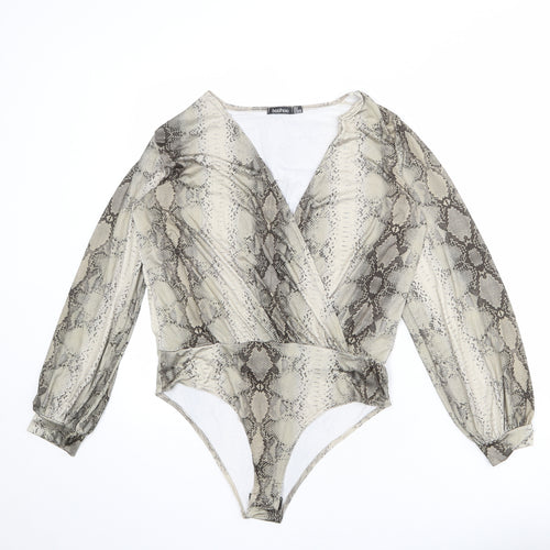 Boohoo Womens Beige Animal Print Polyester Bodysuit One-Piece Size 12 Snap - Snakeskin Pattern