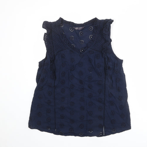 Marks and Spencer Womens Blue Cotton Basic Blouse Size 14 V-Neck - Lace Frill