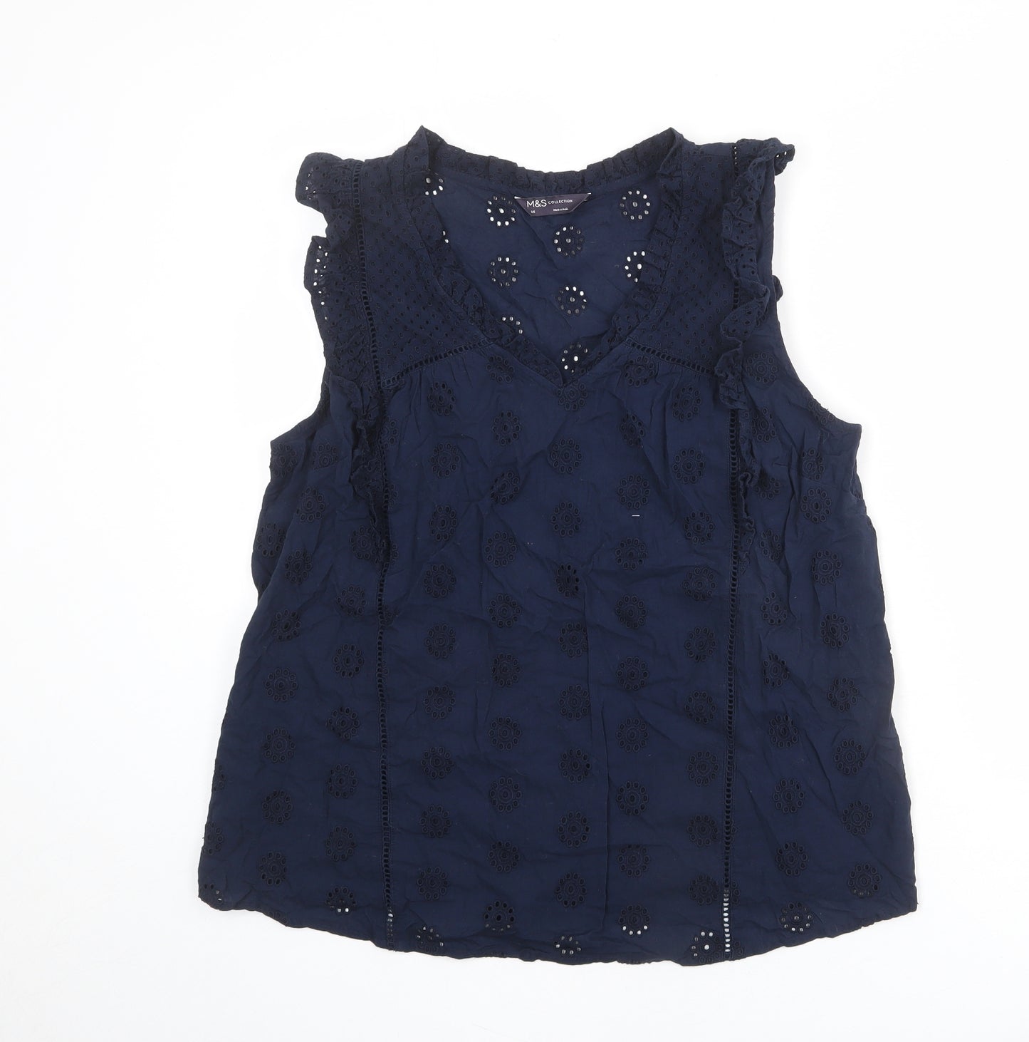 Marks and Spencer Womens Blue Cotton Basic Blouse Size 14 V-Neck - Lace Frill