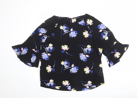 Marks and Spencer Womens Black Floral Polyester Basic Blouse Size 12 Round Neck - Bell Sleeve