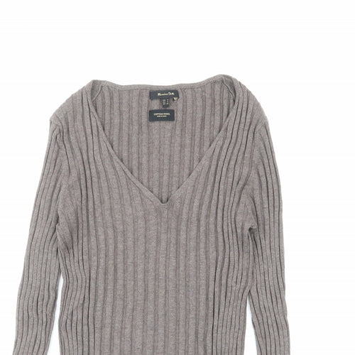 Massimo Dutti Womens Brown V-Neck Cotton Pullover Jumper Size S