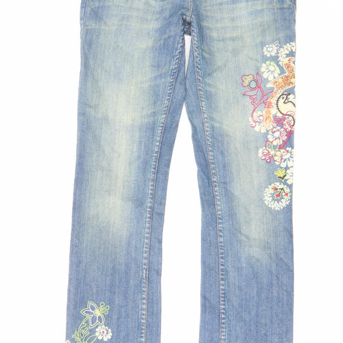 NEXT Womens Blue Cotton Bootcut Jeans Size 10 L32 in Regular Zip - Embroidered Flowers