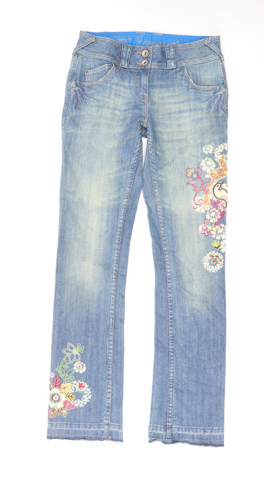 NEXT Womens Blue Cotton Bootcut Jeans Size 10 L32 in Regular Zip - Embroidered Flowers