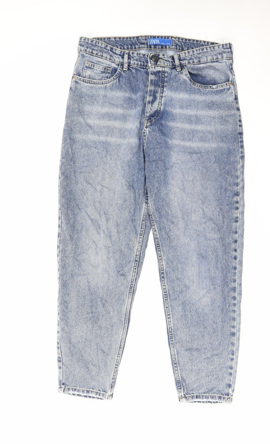Zara Mens Blue Cotton Straight Jeans Size 32 in L28 in Regular Zip