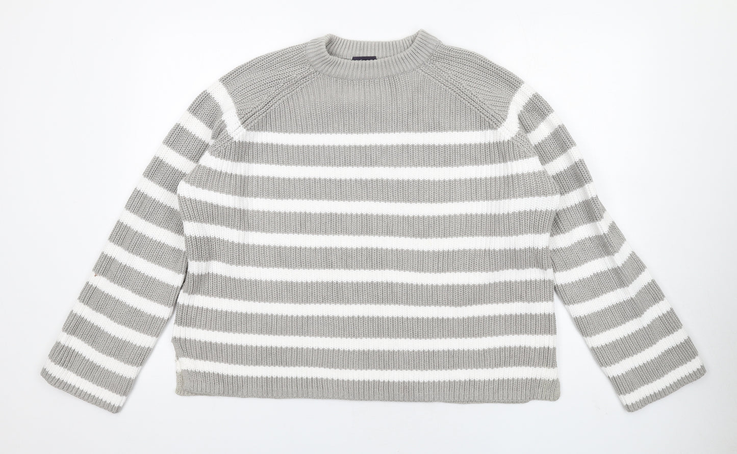 Marks and Spencer Womens Grey Crew Neck Striped Cotton Pullover Jumper Size L